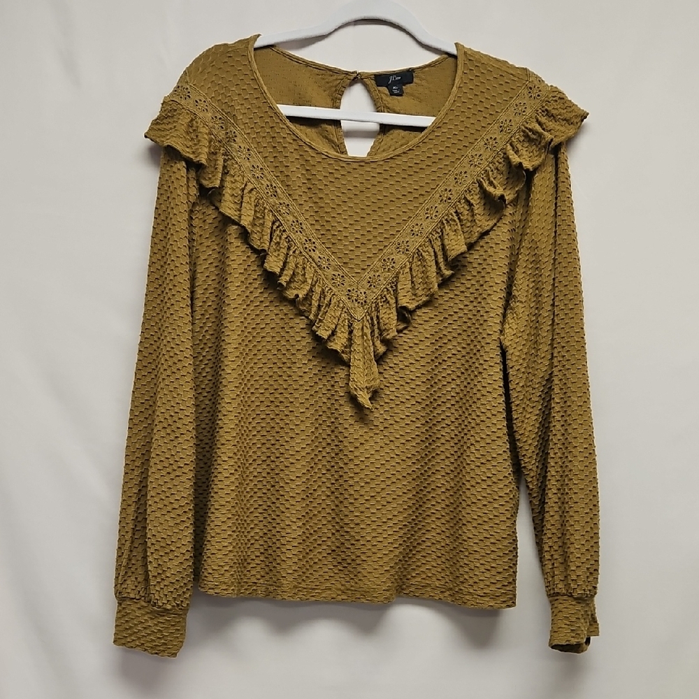 J.Crew Womens XL Olive Gold Cotton Honeycomb Knit Ruffle Long Sleeve Top